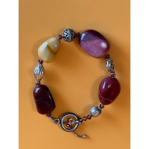 Artisan Gemstone Mookite Jasper Orca Agate Canelian Stone Silverplate Bracelet - Picture 4 of 5